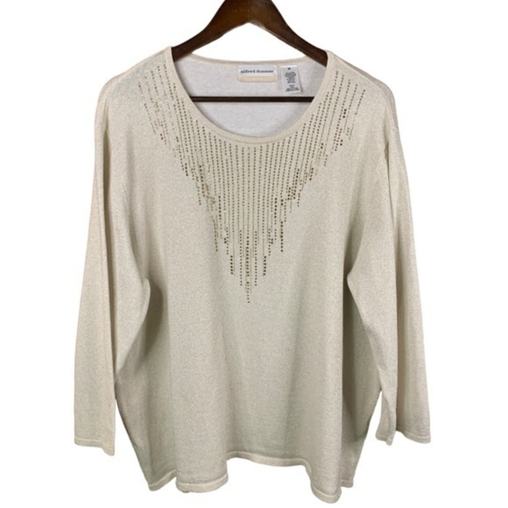 Alfred Dunner Tunic Sweater 3X Ivory w/ Gold Rhinestones Long Sleeve Round Neck